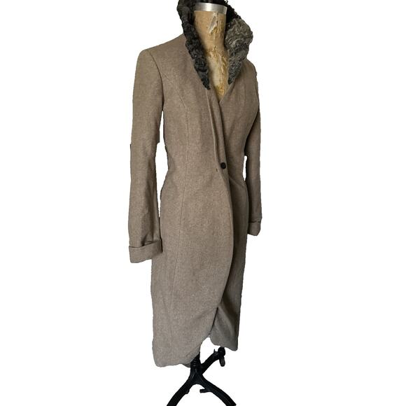 Women's Wool Dress Coat BLUE DEEP Tan/ Beige Taupe Lamb Fur 6-8 Italy 42 EU, S - Picture 2 of 16